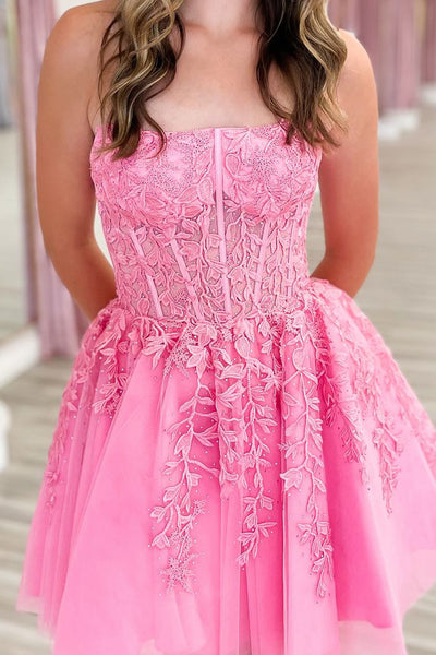 Strapless A-Line Tulle Appliques Short Homecoming Dresses VK24081313