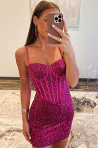 Straps Bodycon Fuchsia Sequins Short Homecoming Dress VK073127