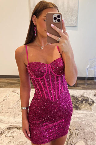 Straps Bodycon Fuchsia Sequins Short Homecoming Dress VK073127