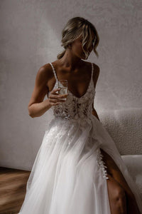 Stunning A-Line V Neck Tulle Boho Wedding Dresses with Slit VK23081009-1