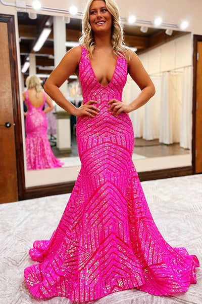 Stunning Hot Pink Mermaid V Neck Sequins Prom Dresses VK22021901