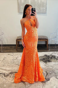 Stunning Mermaid Halter Keyhole Orange Sequins Long Prom Dresses VK24022602