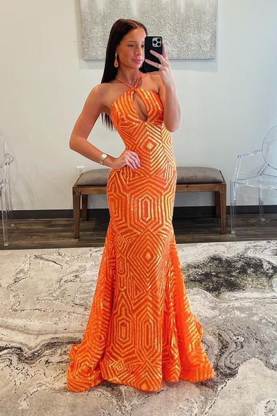 Stunning Mermaid Halter Keyhole Orange Sequins Long Prom Dresses VK24022602