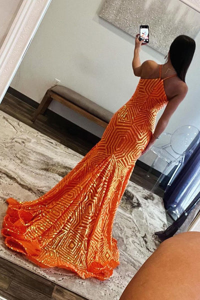 Stunning Mermaid Halter Keyhole Orange Sequins Long Prom Dresses VK24022602