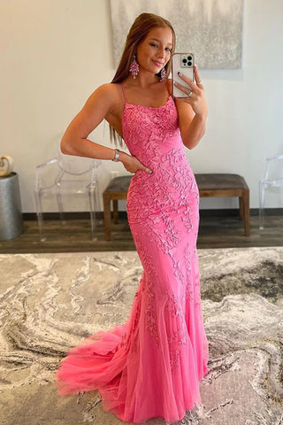 Stunning Mermaid V Neck Hot Pink Lace Long Prom Dress VK22020705