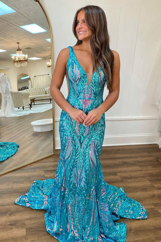 Stylish Mermaid V Neck Sequin Lace Long Prom Dresses VK24012605-1