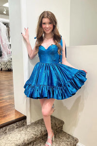 Sweetheart Blue Sequins Short Ruffle A-Line Homecoming Dresses VK081806