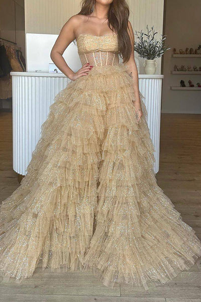 Cute A Line Strapless Glitter Tulle Long Prom Dresses