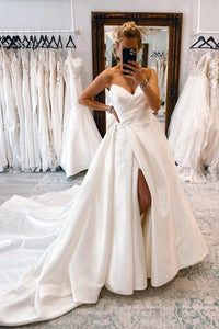 Ball Gown Sweetheart White Satin Long Wedding Dress with Slit