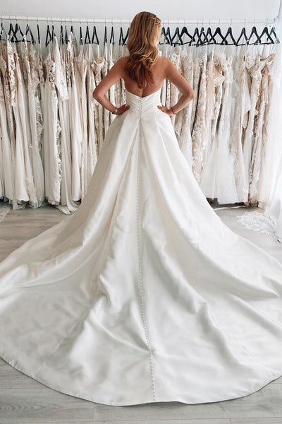 Ball Gown Sweetheart White Satin Long Wedding Dress with Slit