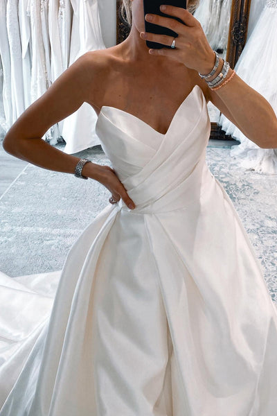 Ball Gown Sweetheart White Satin Long Wedding Dress with Slit