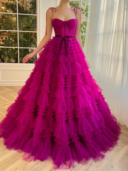 Fashion A Line Sweetheart Fuchsia Tiered Tulle Prom Dresses