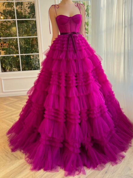 Fashion A Line Sweetheart Fuchsia Tiered Tulle Prom Dresses