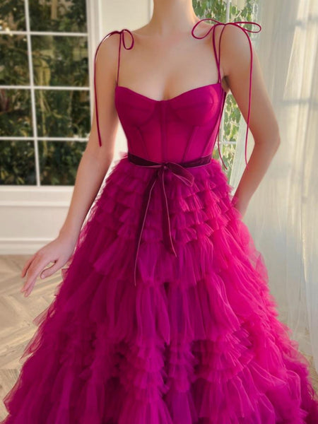 Fashion A Line Sweetheart Fuchsia Tiered Tulle Prom Dresses