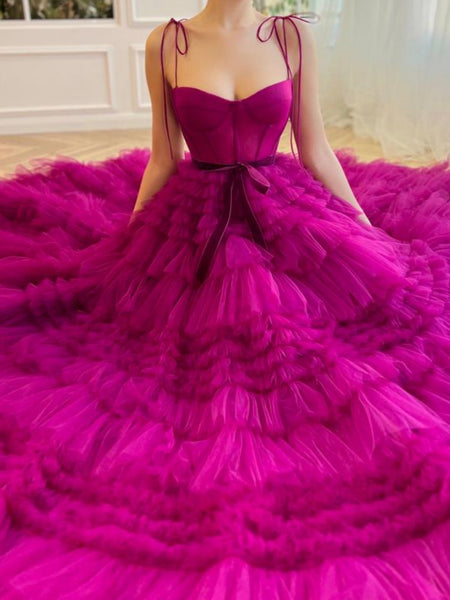 Fashion A Line Sweetheart Fuchsia Tiered Tulle Prom Dresses