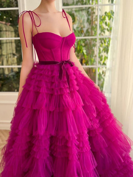 Fashion A Line Sweetheart Fuchsia Tiered Tulle Prom Dresses