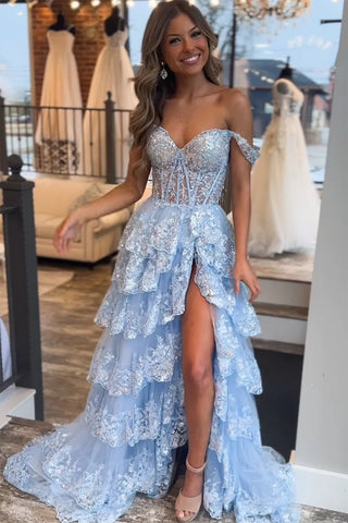 Cute A Line Off the Shoulder Blue Sequin Lace Long Prom Dresses VK23051903