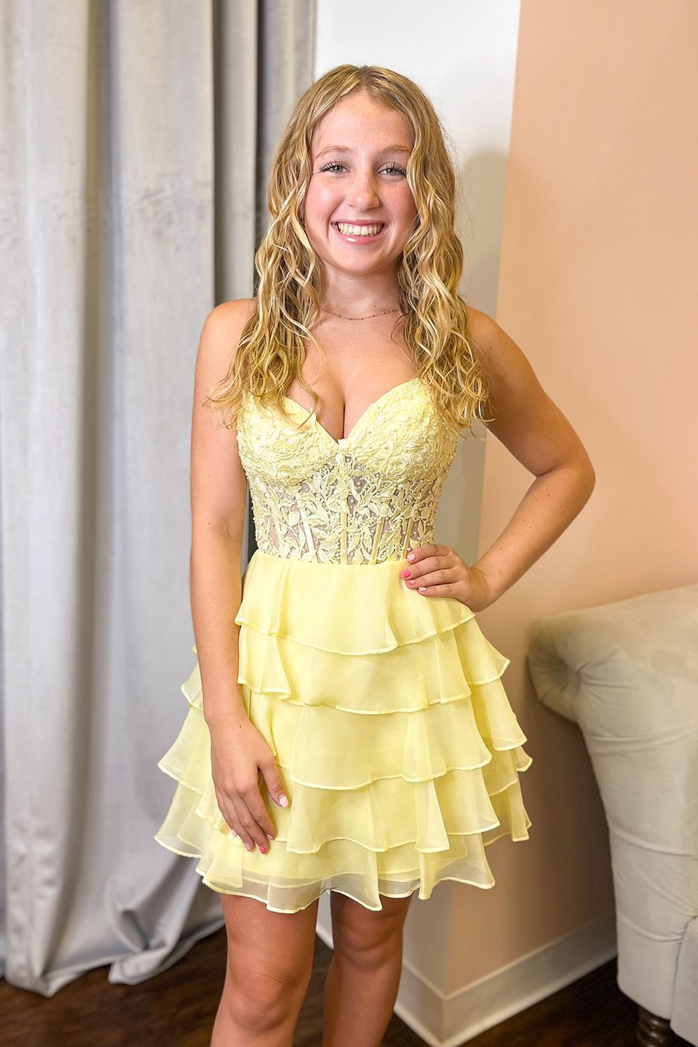 Yellow Ruffle Tiered Chiffon Short A-Line Homecoming Dress with Appliques VK24090504