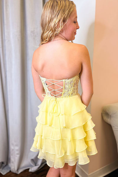 Yellow Ruffle Tiered Chiffon Short A-Line Homecoming Dress with Appliques VK24090504