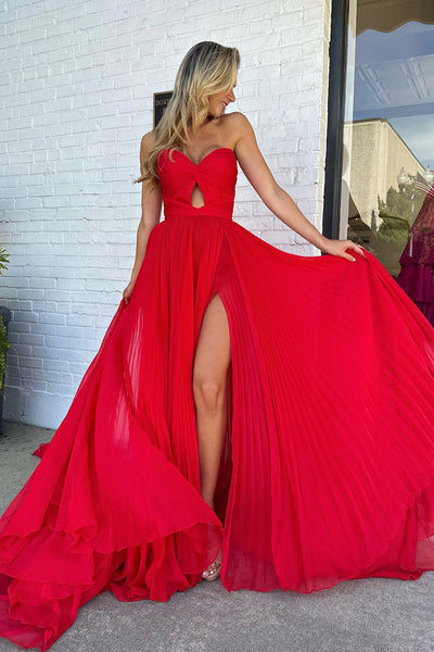 Charming A Line Sweetheart Keyhole Red Chiffon Long Prom Dresses with Slit VK24101906