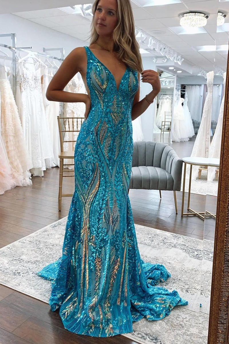 Charming Mermaid V Neck Blue Gold Sequins Long Prom Dresses VK24101712