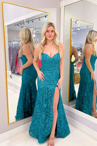 Charming Mermaid Sweetheart Teal Lace Long Prom Dresses with Slit VK24120901