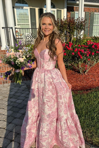 Cute A Line Sweetheart Blush Pink Jacquard Satin Long Prom Dress VK020102