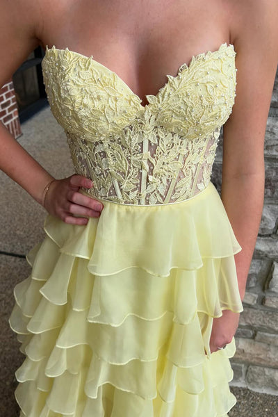 Cute A Line Sweetheart Daffodial Chiffon Tiered Prom Dresses with Beading VK24121101