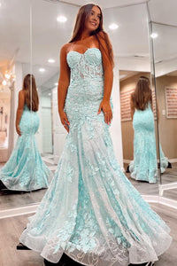 Charming Mermaid Sweetheart Mint Sparkly Lace Long Prom Dresses with Appliques VK1301