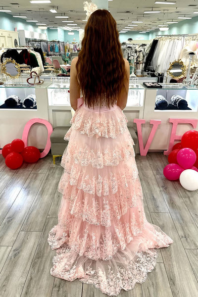 A-Line Sweetheart Pink Sequin Lace Ruffle Tiered Long Prom Dresses with Bowknot VK021801