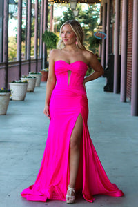 Charming Mermaid Sweetheart Hot Pink Satin Long Prom Dresses with Slit VK24102406