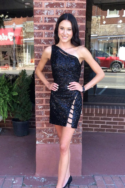 Cute Bodycon One Shoulder Black Sequins Short Homecoming Dresses VK24100708