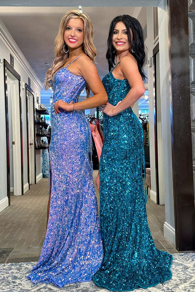 Mermaid Sweetheart Blue Sequins Long Prom Dresses with Fringe VK24022401