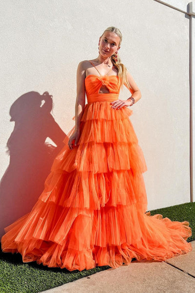 Cute Ball Gown Straps Orange Tiered Tulle Prom Dresses VK24102212