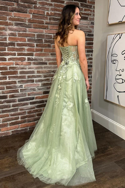 Cute A Line Sweetheart Sage Green Tulle Prom Dresses with Appliques VK24102222