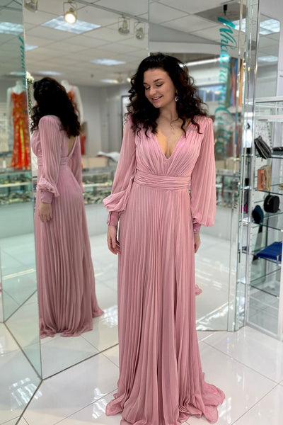 Charming A Line V Neck Blush Pink Chiffon Long Sleeves Wedding Guest Dress