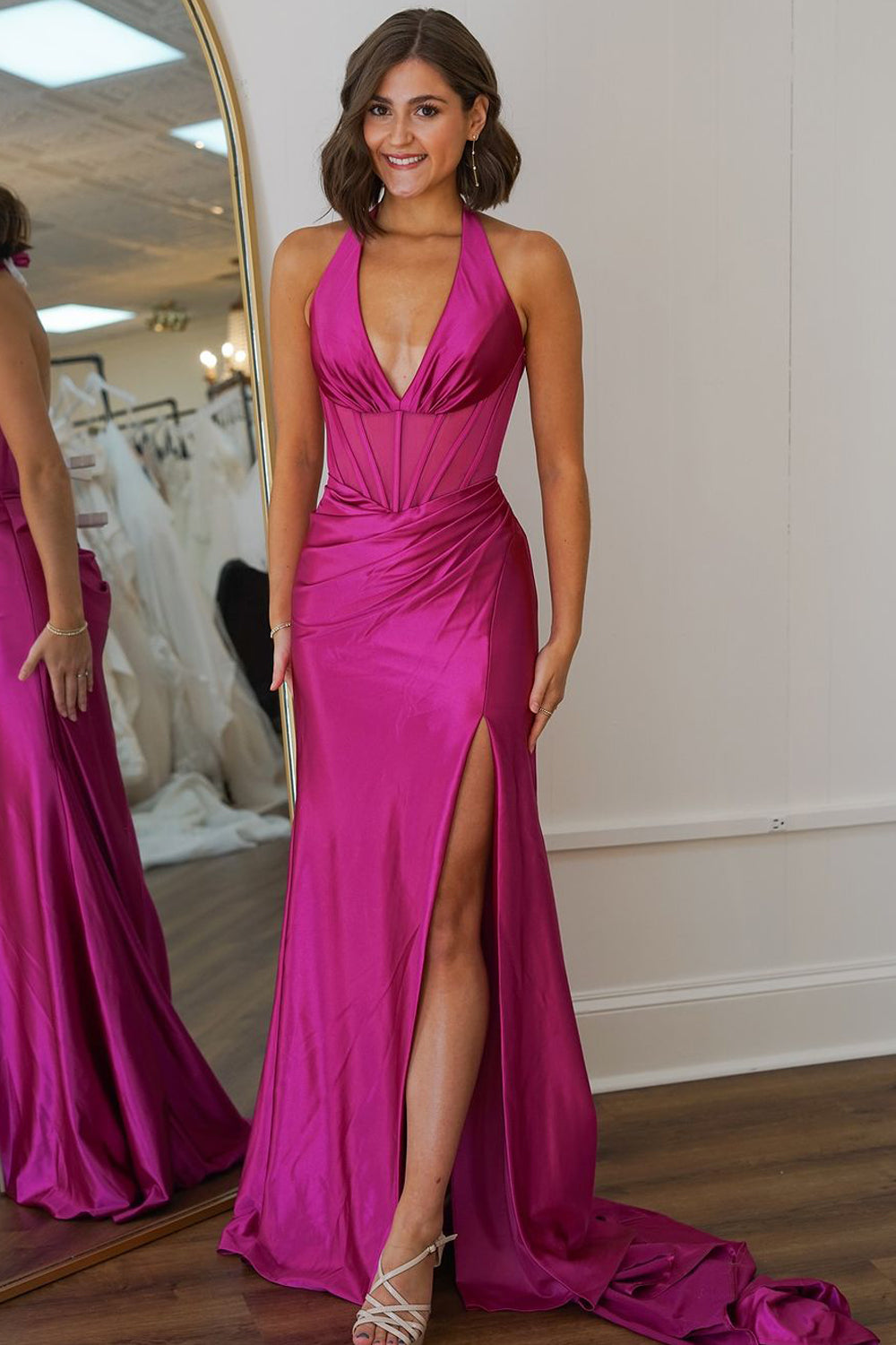 Chic Mermaid V Neck Fuchsia Satin Evening Prom Dresses with Slit