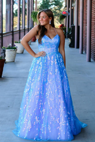 Cute A Line Straps Light Blue Sequins Prom Dresses VK1308