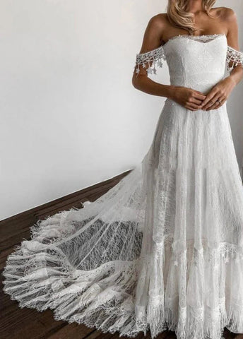 Boho Mermaid Off the Shoulder Lace Beach Wedding Dresses