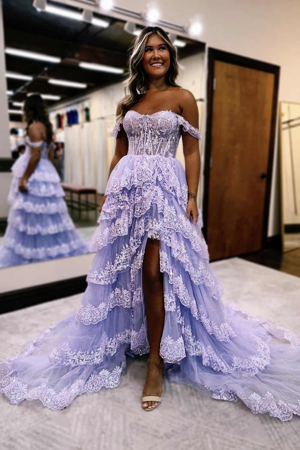 Cute Ball Gown Off the Shoulder Lavender Tiered Tulle Prom Dress with Appliques