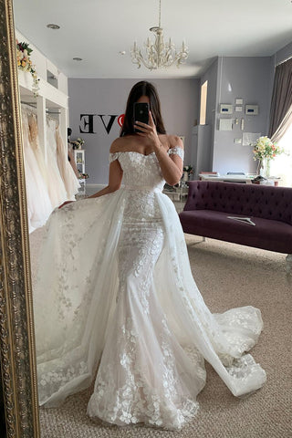 Gorgeous Mermaid Off the Shoulder Lace Tulle Wedding Dresses with Appliques