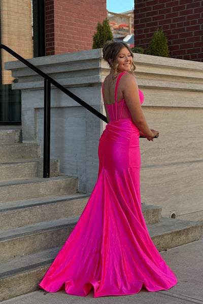 Mermaid Square Neck Satin Pink Slit Prom Dresses VK24112219