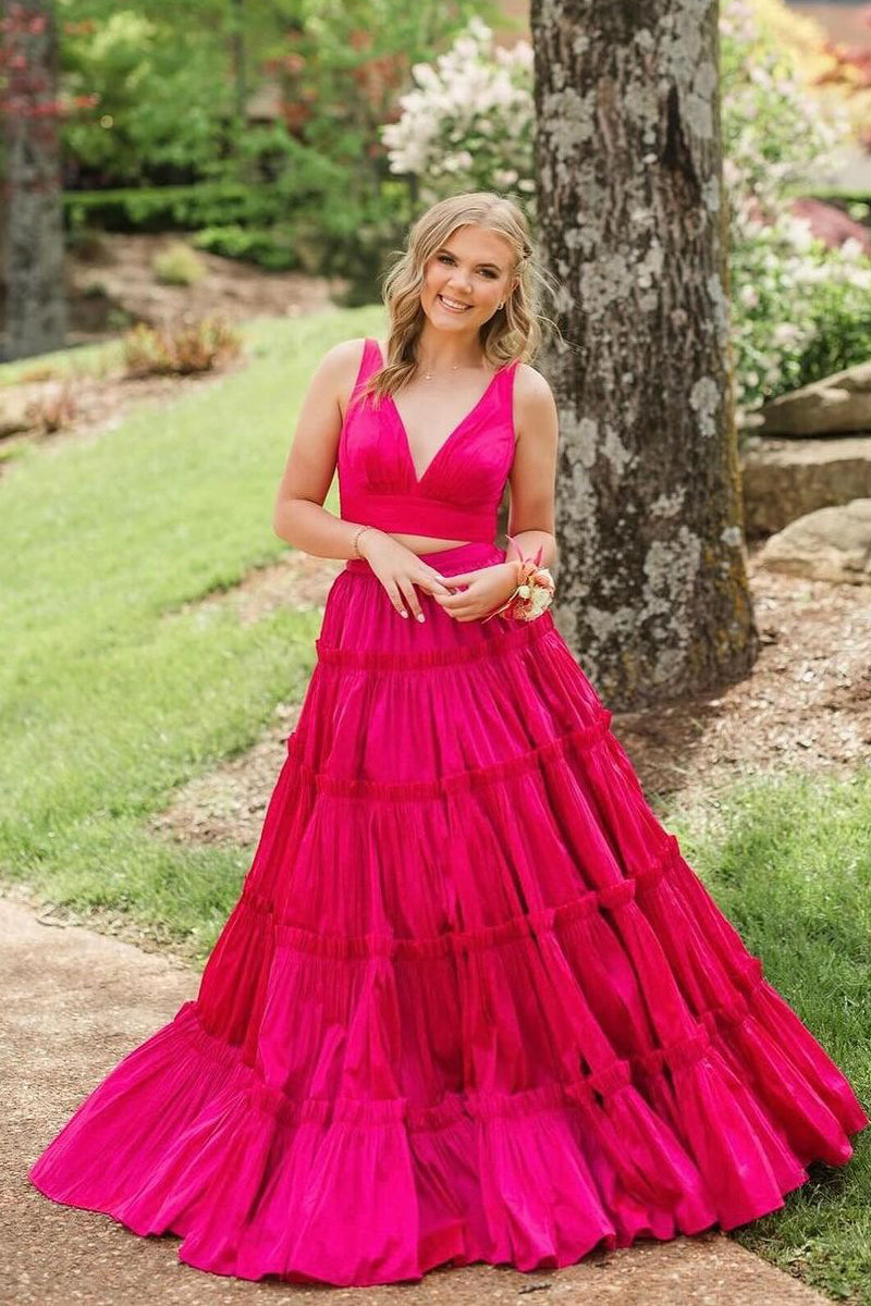 Pink Two Piece V Neck Satin A-Line Prom Dresses VK24051604