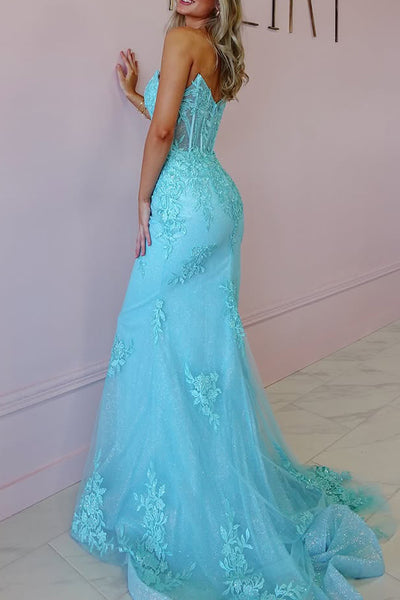 Mermaid Strapless Blue Tulle Long Prom Dresses with Appliques VK021501