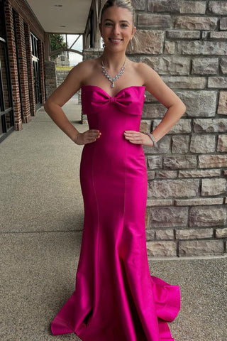 Sweet Mermaid Strapless Fuchsia Satin Long Prom Dresses with Bow