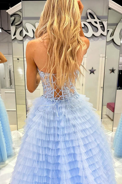 Light Blue Strapless Ruffle Tiered Tulle Long Prom Dresses with Appliques VK23123107