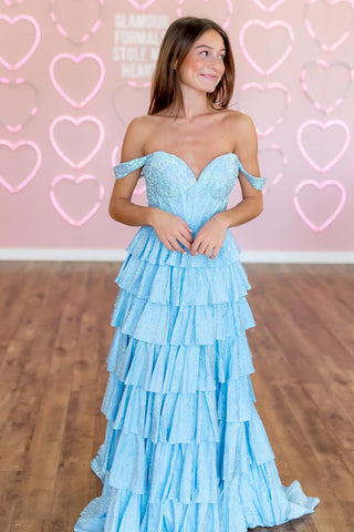 A-Line Off the Shoulder Light Blue Ruffle Tiered Long Prom Dresses with Slit VK021408