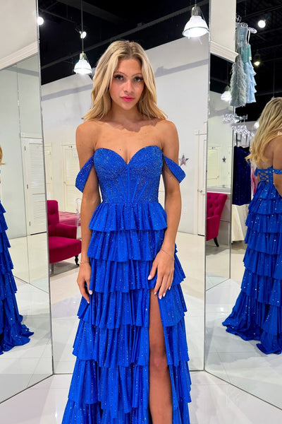 Sparkly A Line Off the Shoulder Royal Blue Satin Prom Dresses with Beading VK24102211