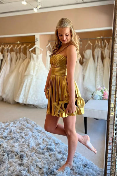 Cute A Line Straps Keyhole Gold Sparkly Satin Short Homecoming Dresses