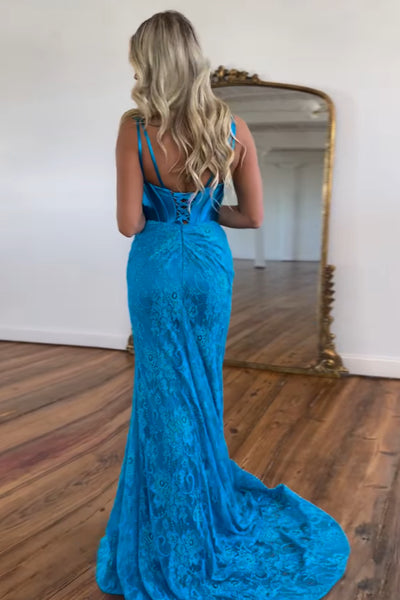 Charming Mermaid V Neck Blue Lace Prom Dresses with Beading VK24102401